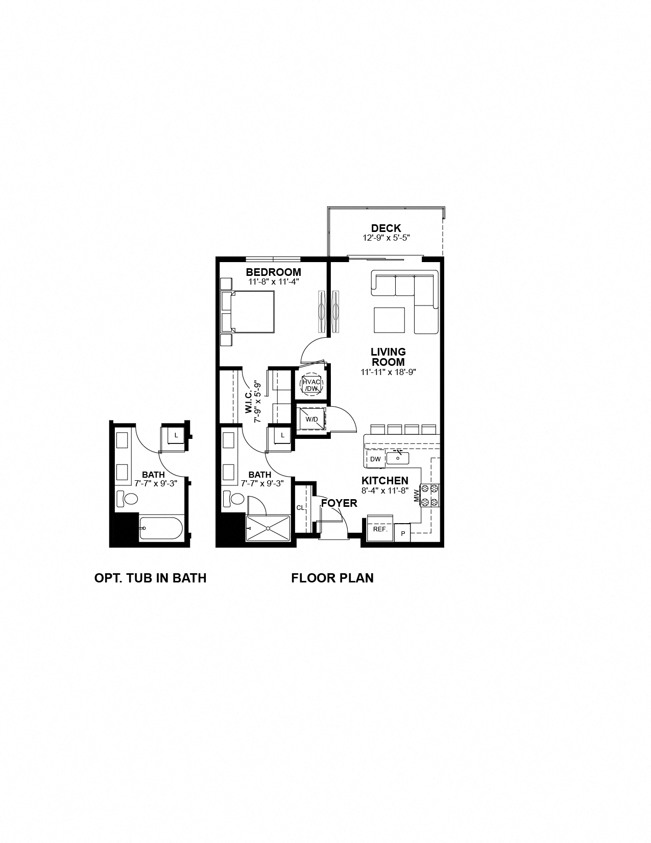 Floor plan for 1 bed, 1 bath, 720 sqft